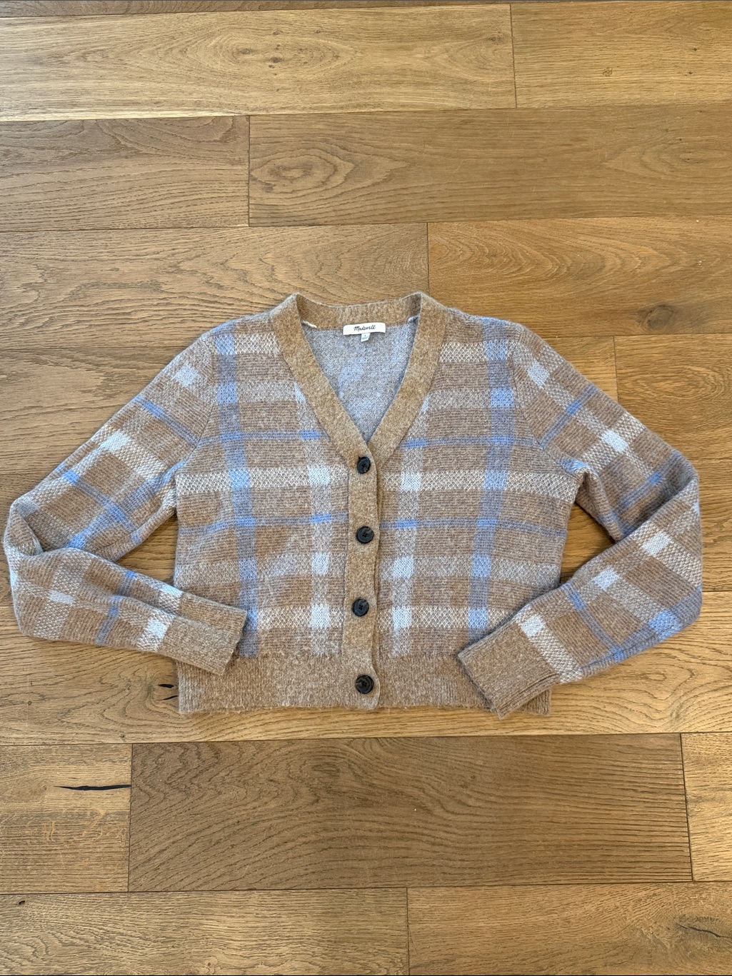 Madewell Alpaca-Blend V-Neck Cardigan In Warm Camel Plaid - L